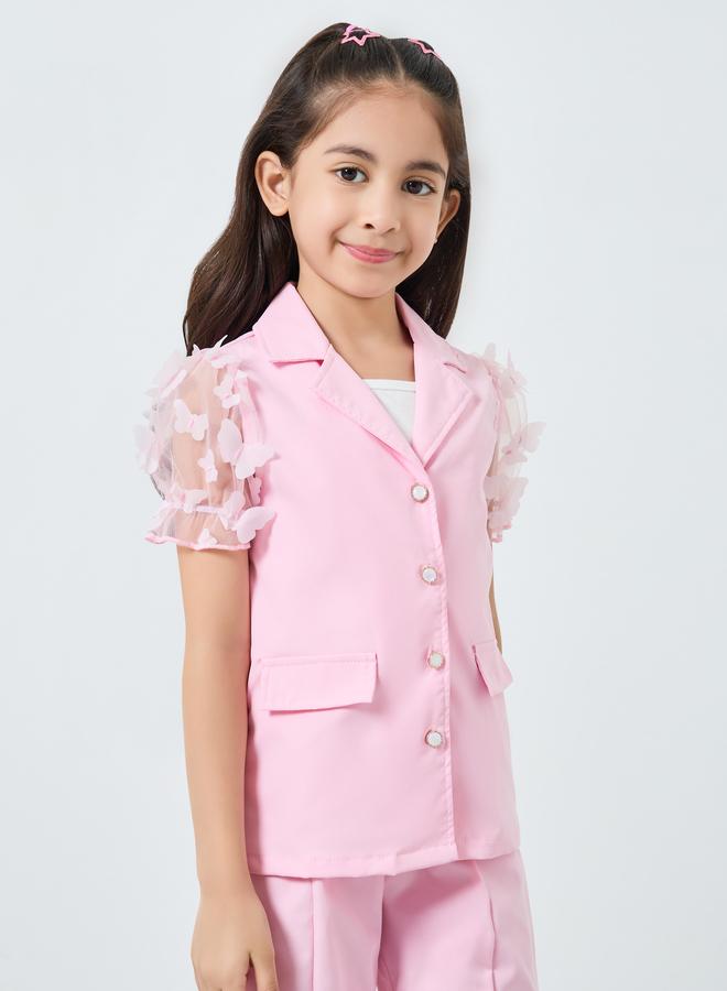 ستايلي طقم 3 قطع معطف وتانك بلوزة وبنطال بتطريز فراشة بارز - Image 2